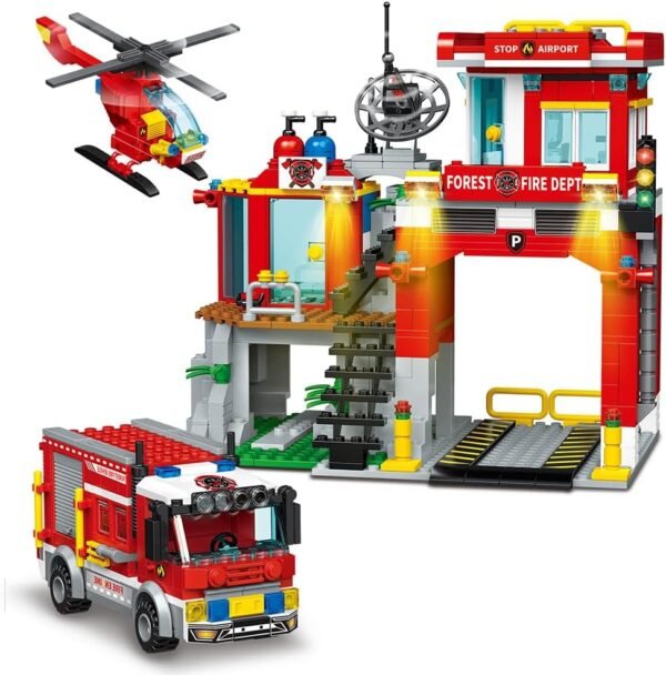 Building Blocks City Fire Station Building Blocks Set Marine Fire Department,Including Fire Station, Fire Boats and Ship, Fire Rescue Helicopter, STEM Toys Gift for Boys 6+,