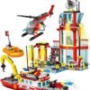 Building Blocks City Fire Station Building Blocks Set Marine Fire Department,Including Fire Station, Fire Boats and Ship, Fire Rescue Helicopter, STEM Toys Gift for Boys 6+,