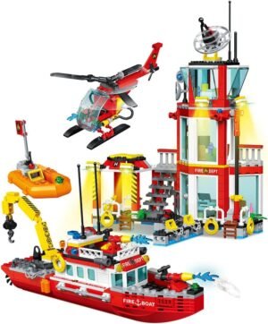 Building Blocks City Fire Station Building Blocks Set Marine Fire Department,Including Fire Station, Fire Boats and Ship, Fire Rescue Helicopter, STEM Toys Gift for Boys 6+,