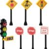 Building Blocks Road Signs & Traffic Lights Building Bricks Play Set Toys Living Traffic Toy Signs for Kids-Building Toys City Street Village, 7 Piece Educational Learning Gift