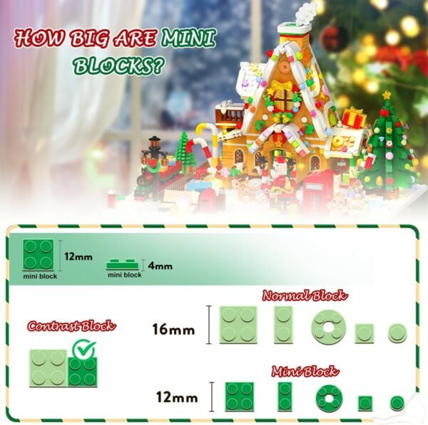 7108jpJ5wCL._AC_SL1200 Christmas Gingerbread House Mini Building Block Set with LED Lights, 1763-Piece Christmas Courtyard Building Toy with Santa, Christmas Tree, and Train, Home Decoration, Perfect Gift for Adults and Kids Aged 10 and Above, Boys and Girls.