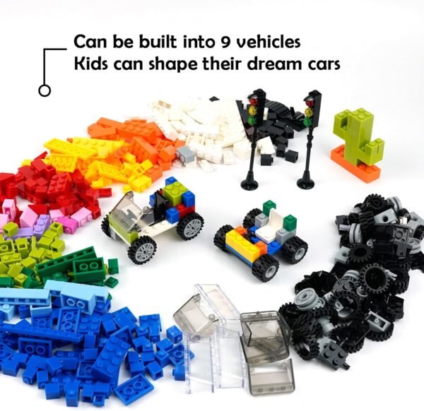 Building Blocks Wheels and Axles Sets with Steering Wheels& &Windshield&Traffic Light, Over 400pcs Classic Bricks Pieces and Car Parts Kits, Basic Bulk Building Blocks Vehicles with Tires