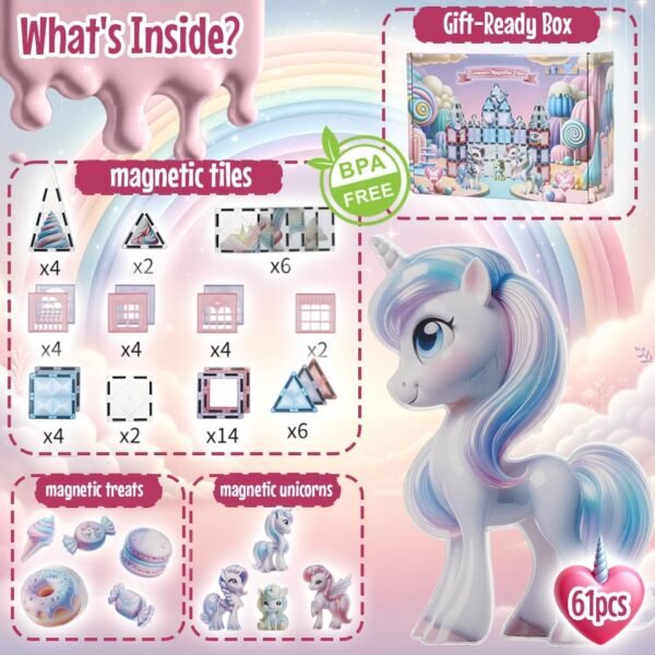 Building Blocks Unicorn Toys for Girls Age 4-6 - Unicorn   Tiles Frozen Toys for Girls Age 4-7 - 3 Year Old Girl Gifts 5 Year Old Girl Gift 4 Year Old Girl Birthday Gifts Magnet Building Blocks Age 3 4 5 6 7 8