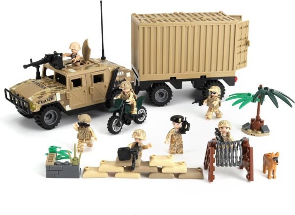 Building Blocks Military Vehicle Building Blocks Sets with 7 Minifigures Army Vehicle Truck Hummer with Armory Trailer Container Building Kit Car Building Toys Gift for Boys Adult.