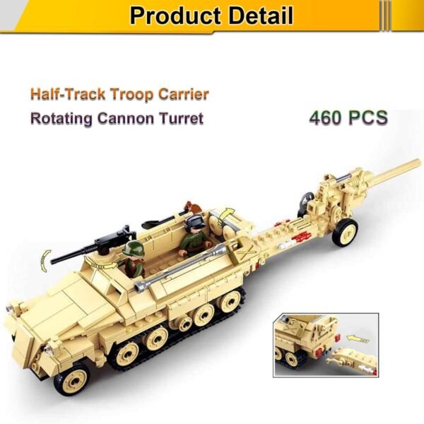 Building Blocks Military Army WWII Half-Track Troop Carrier with Cannon Toy Vehicle Building Kit, Army Series Building Block Set with 3 Soldier Figures, Best Roleplay STEM Construction Toy for Boys Girls (460 PCS)
