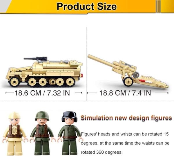 Building Blocks Military Army WWII Half-Track Troop Carrier with Cannon Toy Vehicle Building Kit, Army Series Building Block Set with 3 Soldier Figures, Best Roleplay STEM Construction Toy for Boys Girls (460 PCS)