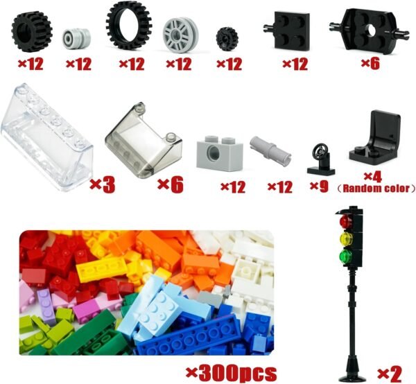 Building Blocks Wheels and Axles Sets with Steering Wheels& &Windshield&Traffic Light, Over 400pcs Classic Bricks Pieces and Car Parts Kits, Basic Bulk Building Blocks Vehicles with Tires