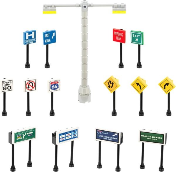 Building Blocks Building Bricks Toys  City Highway Traffic Signs 11 PCS Road Signs Gift Kids Adults hobbyist Scale 1:64 Compatible with All Brands Ages 4+