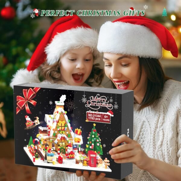 81-dYLXPLLL._AC_SL1500 Christmas Gingerbread House Mini Building Block Set with LED Lights, 1763-Piece Christmas Courtyard Building Toy with Santa, Christmas Tree, and Train, Home Decoration, Perfect Gift for Adults and Kids Aged 10 and Above, Boys and Girls.