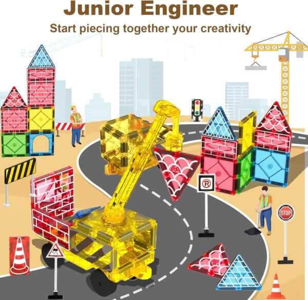 Building Blocks Magnetic Tiles Road Set Kids Toys, Magnetic City Construction Toys With Magnetic Crane for 3+ Year Old Boys Girls, Magnetic Blocks Building Toys STEM Toddlers Toys Magnetic Tiles for Kids Ages 3-5 4-8