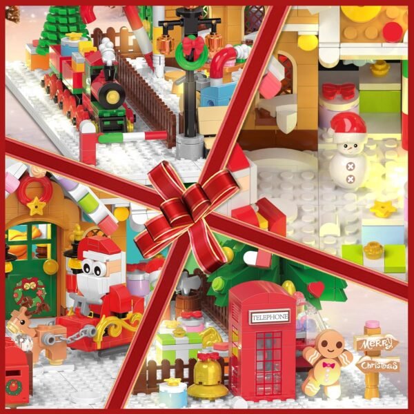 817OBf8c43L._AC_SL1500 Christmas Gingerbread House Mini Building Block Set with LED Lights, 1763-Piece Christmas Courtyard Building Toy with Santa, Christmas Tree, and Train, Home Decoration, Perfect Gift for Adults and Kids Aged 10 and Above, Boys and Girls.