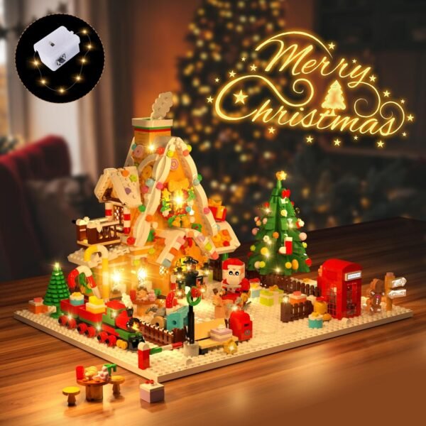 819vfs2P3UL._AC_SL1500 Christmas Gingerbread House Mini Building Block Set with LED Lights, 1763-Piece Christmas Courtyard Building Toy with Santa, Christmas Tree, and Train, Home Decoration, Perfect Gift for Adults and Kids Aged 10 and Above, Boys and Girls.