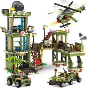 Building Blocks City Military Base Building Block, Compatible with Lego Military Base, Army Toy with War Helicopter, Marine Artillery Vehicle, Police Car, Gift for Kid 6 7 8 9 10 11 12 13 14 Years Old (811 Pieces)