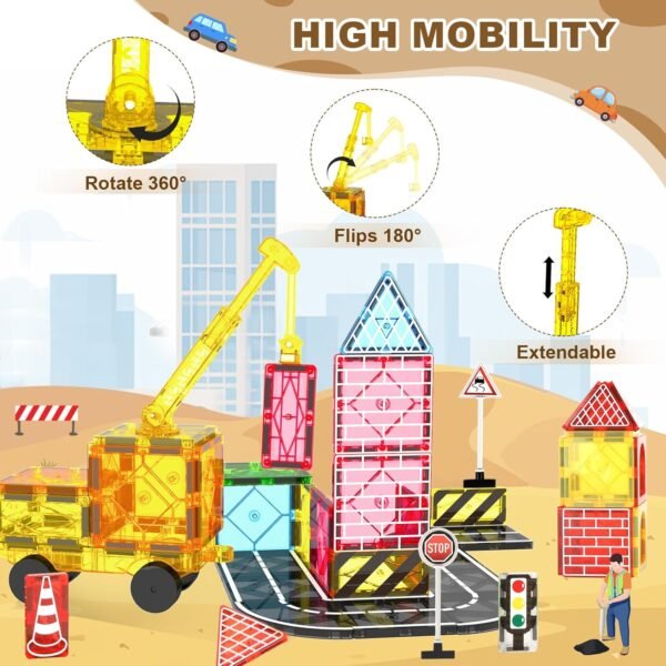 Building Blocks Magnetic Tiles Road Set Kids Toys, Magnetic City Construction Toys With Magnetic Crane for 3+ Year Old Boys Girls, Magnetic Blocks Building Toys STEM Toddlers Toys Magnetic Tiles for Kids Ages 3-5 4-8