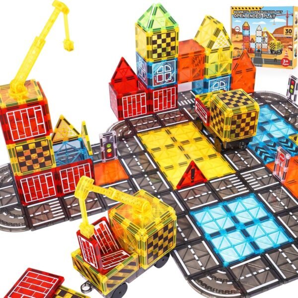 81OzaUfvO2L._AC_SL1500 Building Blocks Magnetic Tiles Kids Construction Toys - Road Set with Magnet Crane for Boys Age 3-5 4-8 8-10, Magnet Building Blocks Expansion Pack, Outdoor Toddler Activities Preschool Classroom Learning Toys Gift