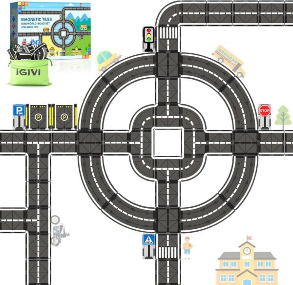 Building Blocks Magnetic Tiles City Road Construction Toys, Magnet Building Blocks for Toddler Kids Toys, Creative Montessori Toys for 3+ Year Old Boys & Girls, Ideal Birthday Christmas Gifting for Kids Ages 3-5 5-7