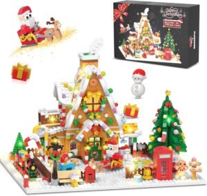 Christmas Gingerbread House Mini Building Block Set with LED Lights, 1763-Piece Christmas Courtyard Building Toy with Santa, Christmas Tree, and Train, Home Decoration, Perfect Gift for Adults and Kids Aged 10 and Above, Boys and Girls.