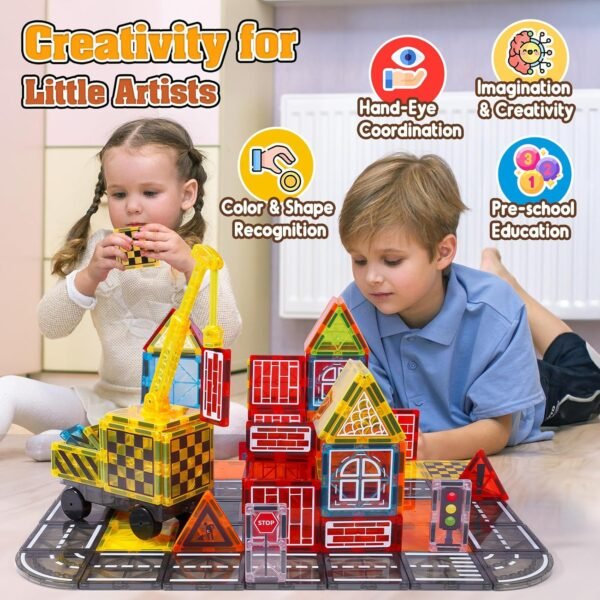 81ZuxipjerL._AC_SL1500 Building Blocks Magnetic Tiles Kids Construction Toys - Road Set with Magnet Crane for Boys Age 3-5 4-8 8-10, Magnet Building Blocks Expansion Pack, Outdoor Toddler Activities Preschool Classroom Learning Toys Gift