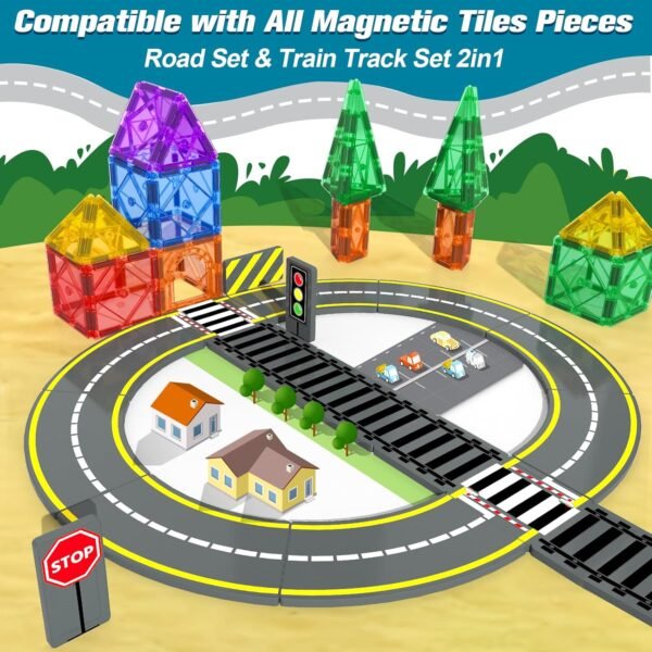 Building Blocks Magnetic Tiles Road & Train Track Expansion Pack Magnetic Building Blocks Construction Toys Kids Toys for Ages 3-12 Boys Girls Construction Magnet Building Toys Includes Road Tracks, Traffic Lights