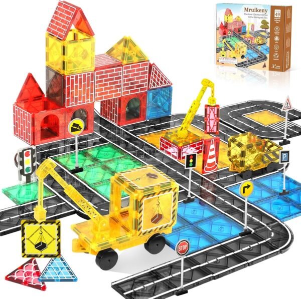 Building Blocks Magnetic Tiles Road Set Kids Toys, Magnetic City Construction Toys With Magnetic Crane for 3+ Year Old Boys Girls, Magnetic Blocks Building Toys STEM Toddlers Toys Magnetic Tiles for Kids Ages 3-5 4-8