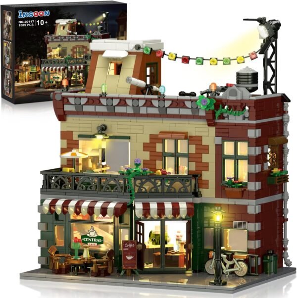 Building Blocks Coffee House Building Set with LED Light, 1589 PCS City Cafe Shop Building Block Toy with Stage Street Lights, Architecture Construction Model for Adults Teens Kids Ages 10 11 12+ Boys Girls