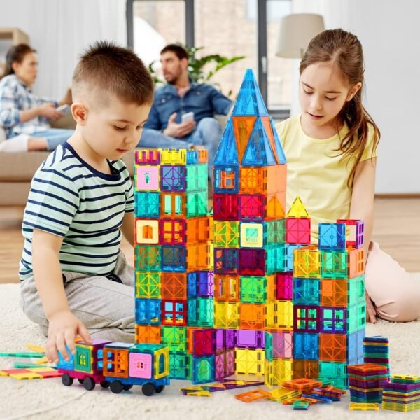 Building Blocks   Tiles, 100PCS   Blocks for Kids, Magnet Building Set with 2 Cars, Construction Building Set,STEM Sensory Educational Toys Gift for Toddlers Kids 3 4 5 6 7 8 9 Year Old