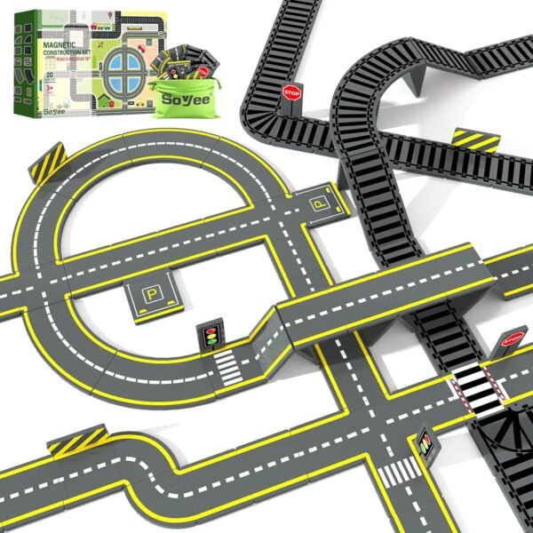 Building Blocks Magnetic Tiles Road & Train Track Expansion Pack Magnetic Building Blocks Construction Toys Kids Toys for Ages 3-12 Boys Girls Construction Magnet Building Toys Includes Road Tracks, Traffic Lights