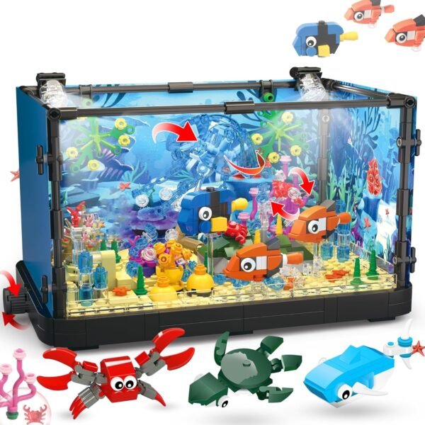81trLt7ZF_L._AC_SL1500 Building Blocks Fish Tank Building Block, Lighting Aquarium Building Sets for Adults and Kids Including Ocean Jellyfish, Dolphin, Turtle, Crab, Animal Building Toys for Boys Age 8-12, 725pcs